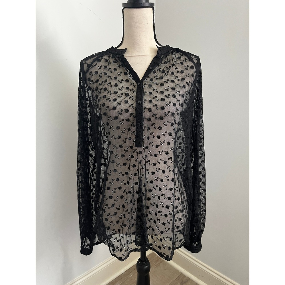 Black Sheer Floral Long Sleeve Blouse Large Goth Chic Romantic Whimsigoth Top
